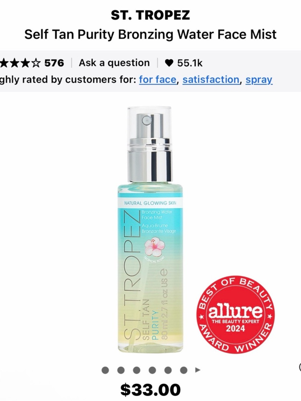 St. Tropez Purity Bronzing Water Face Mist — Aqua, Yellow